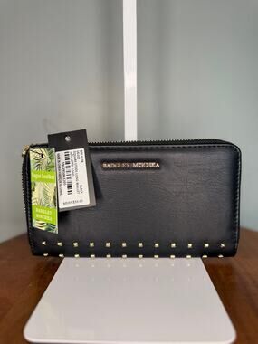 NWT Badgley Mischka Studded Zip Around Wallet Black Gold MSRP $59